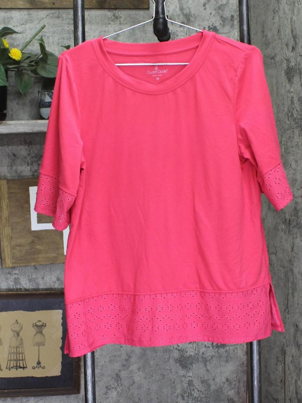 Cuddl Duds Eyelet Trim Crew Neck Top A676558 Berry Pink M